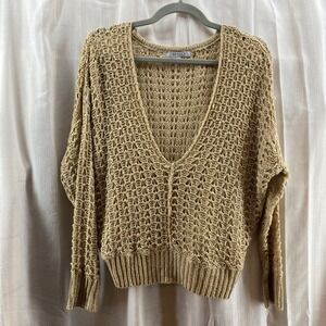 Boho Beach FAVLUX Beige Crochet Knit Sweater Deep V‎ Neck Long Sleeve Women S